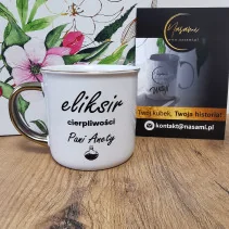 Retro-Becher mit Golddekor „Elixier der Geduld“ + Name 300ml