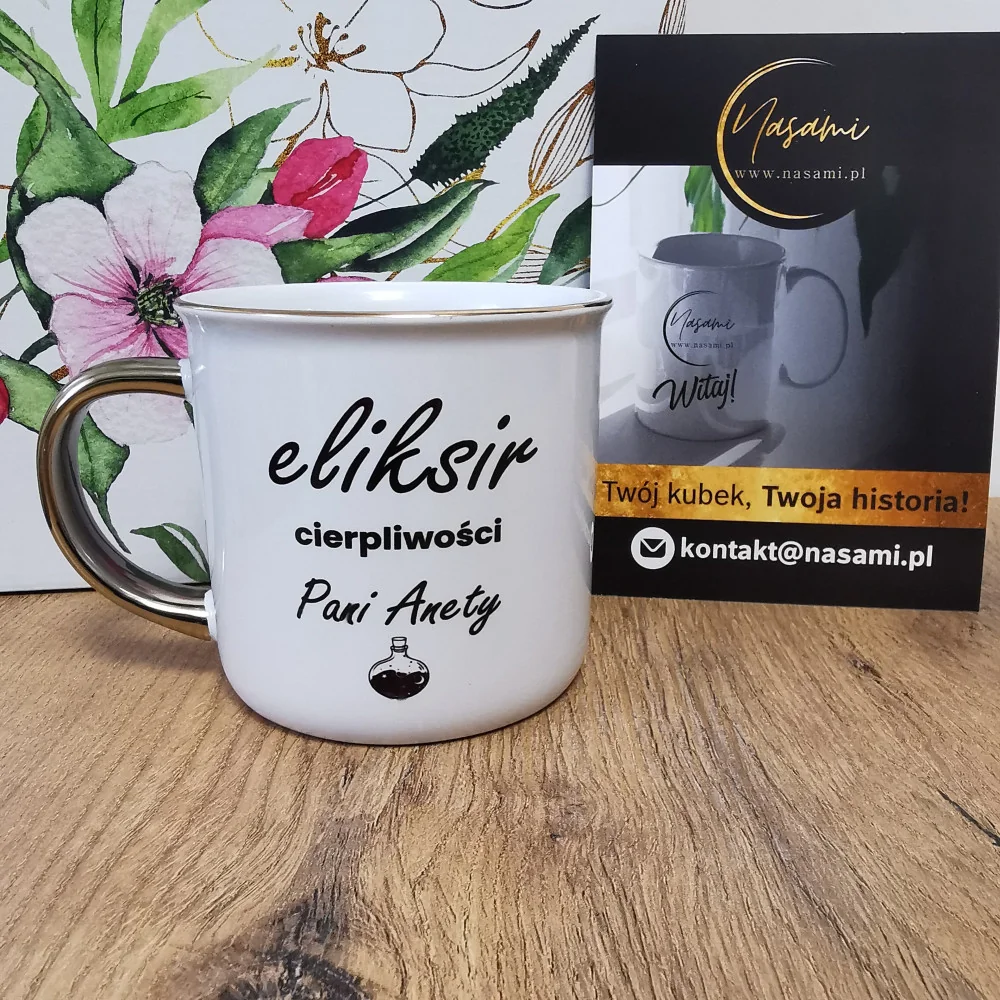 Retro-Becher mit Golddekor „Elixier der Geduld“ + Name 300ml