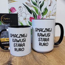 Kubek z humorystycznym napisem 'Smacznej kawusi stara ruro'