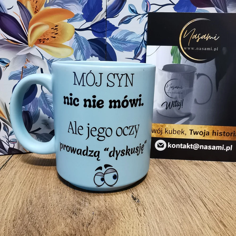 Pastelltasse „Mein Sohn sagt nichts.“ Aber seine Augen führen die Diskussion' 330ml